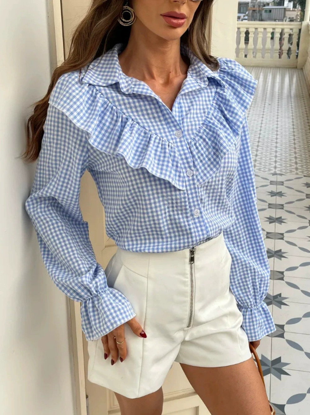 Zara Spring Autumn Small Plaid Layered Lace Trim Long Sleeve Shirt Blouse